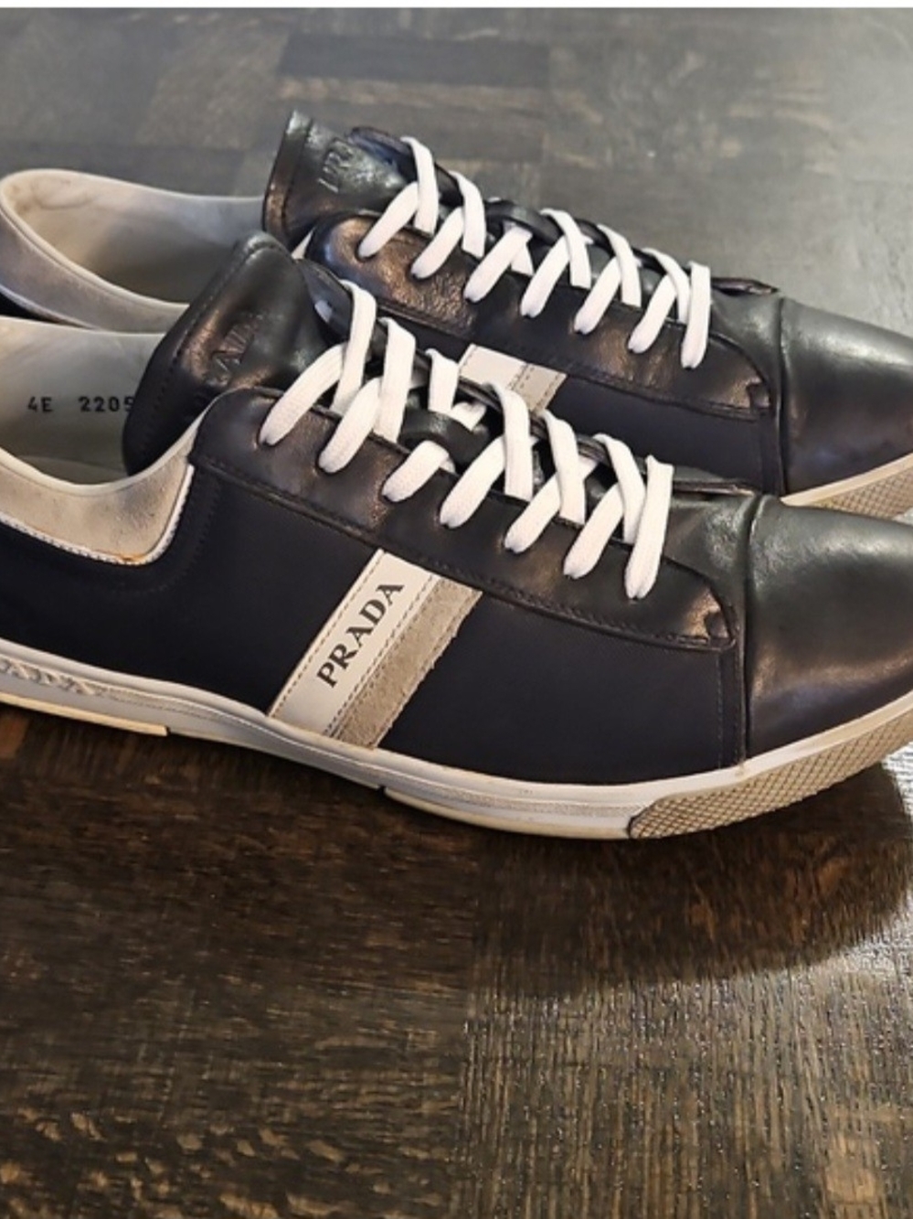 Prada Men’s Navy Leather Lace-Up Sneakers with White Accents